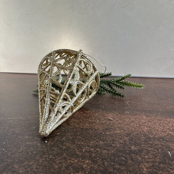 Gold Glitter Plastic Christmas Ornament 5.5" With Geometric Design - Picture 4 of 7